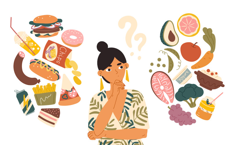 Woman,Choosing,Between,Healthy,And,Unhealthy,Food,Concept,Flat,Vector